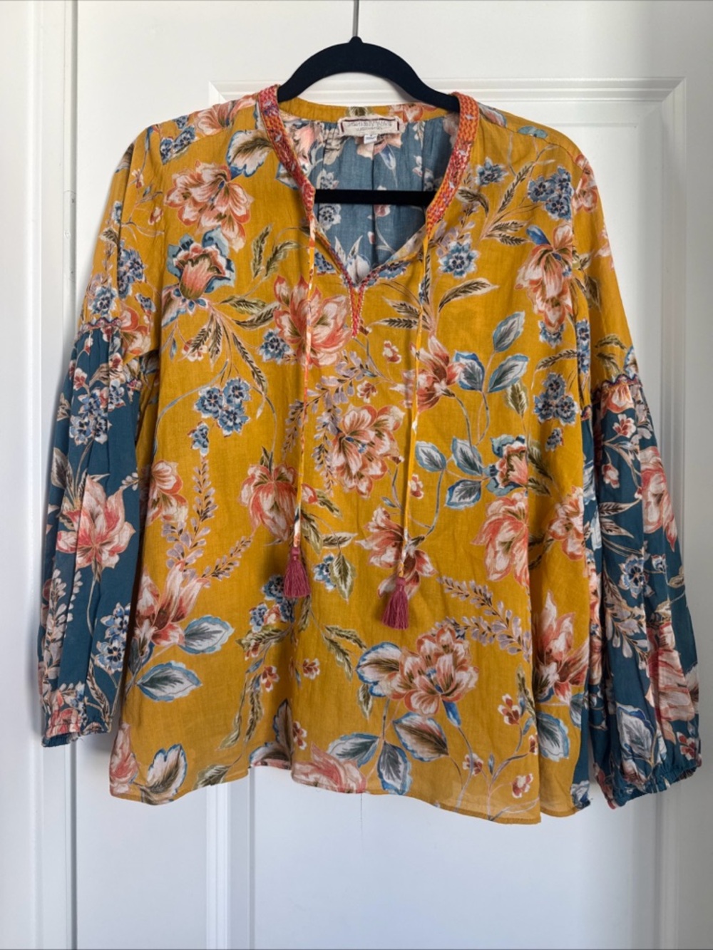 Johnny Was Workshop Blouse Womens Small Yellow Floral Boho Peasant Tassel Top